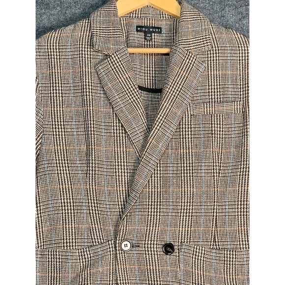 Miou Muse Blazer Jacket Double Breasted Houndstooth Plaid Brown Womens Size XS - Picture 2 of 10